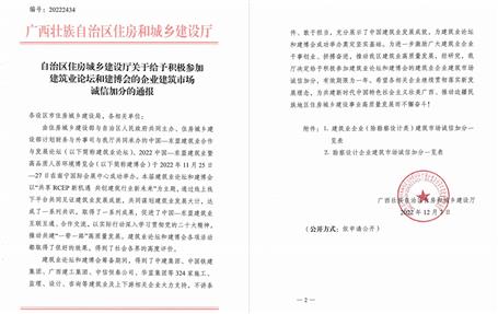 冶建公司獲自治區(qū)住建廳、南寧市住建局通報(bào)表揚(yáng)并獲誠信加分
